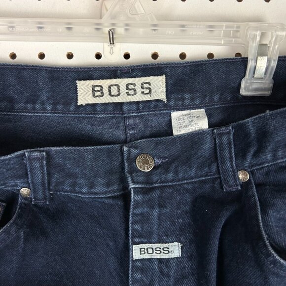 Boss 90s Wide Leg Blue Jeans 34x32 Leather Patch Hip Hop Tupac Baggy Y2K Pants - Picture 5 of 6